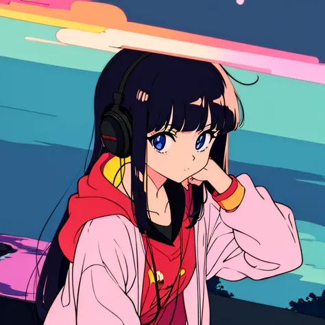 Make a 90s anime style girl with black hair with bangs wearing headphones at night with a 