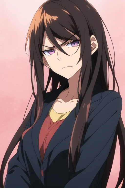 Anime older sister with long hair and dark eyes with a scowl