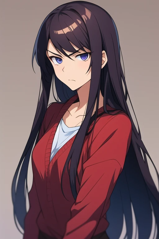 Anime older sister with long hair and dark eyes with a soft looking scowl