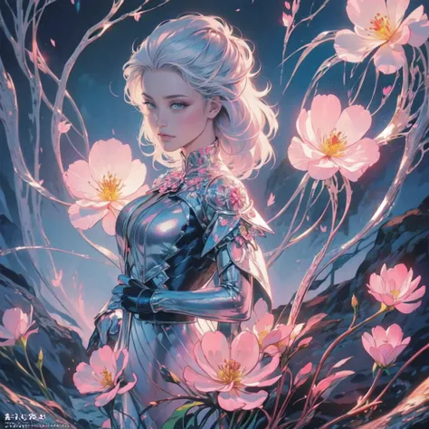 Beautiful lady , wonderful blue eyes, silver hair, pink lips, jacket cover her shoulderasterpiece, Top Quality, Best Quality, Official Art, Beautiful and Aesthetic: 1.2), (1 Flower), Upper Body, Extremely Detailed, (Fractal Art: 1.3), Colorful, Most Detail...