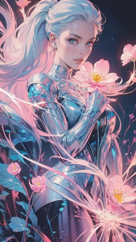 Beautiful lady , wonderful blue eyes, silver hair, pink lips, jacket cover her shoulderasterpiece, Top Quality, Best Quality, Official Art, Beautiful and Aesthetic: 1.2), (1 Flower), Upper Body, Extremely Detailed, (Fractal Art: 1.3), Colorful, Most Detail...