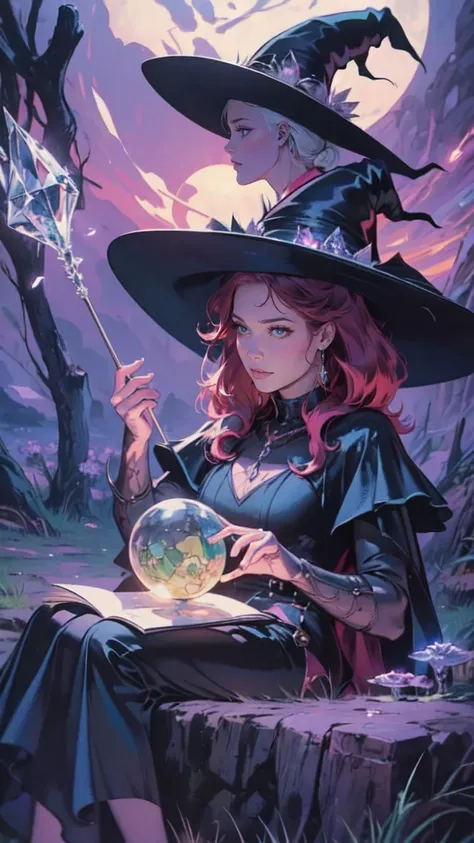 "Witchy Accessories": An illustration showcasing the iconic accessories of witches, including a pointed hat, broomstick, cauldron, and crystal ball, arranged in a visually appealing composition, Ultra realism, color field printing, high detail, UHD, 8k, an...