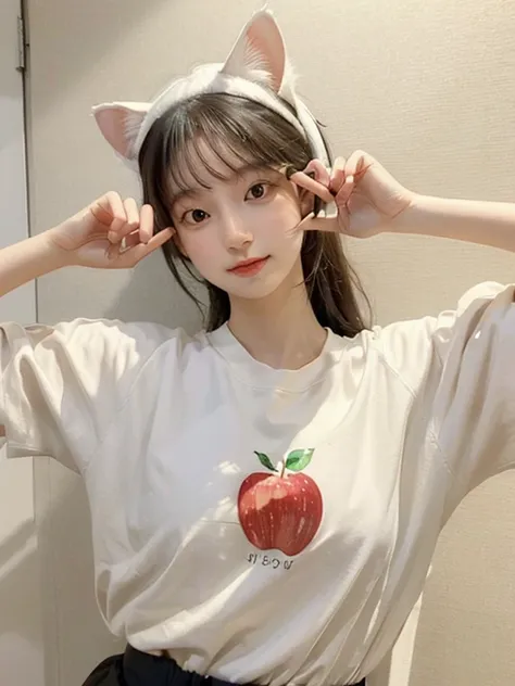 a large amount of apples, Cat耳の女の子, Cat耳, Cat,Ｔshirt,