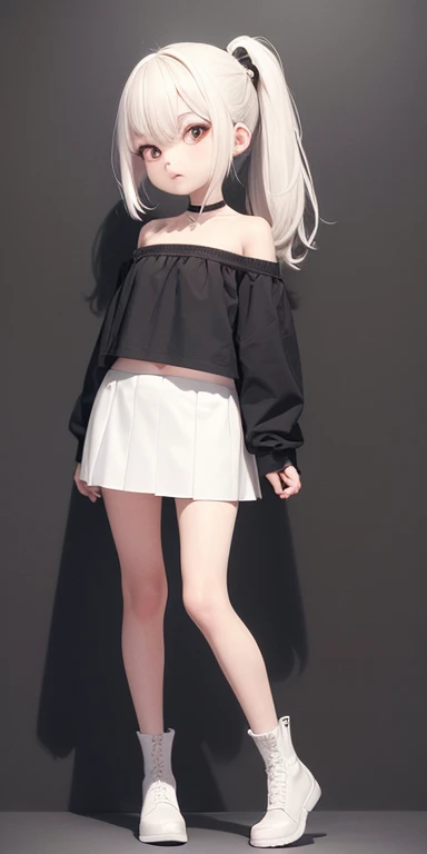 Top quality masterpiece illustrations、high quality，high resolution， best quality, 1 Girl，bedroom，big eyes，Loli，Slender figure，short and small，Red eyes，White hair， Double ponytail hairstyle， Wear a white shirt，Show your belly button，Wear a short black skirt...