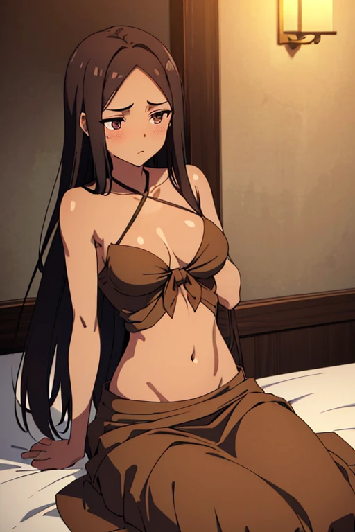 (detailed), perfect face, brown skin anime woman in a deep V-neck tied top, (bare shoulders), (long skirt), (long hair), starved as hell, (resting hands on the stomach), (hands on the stomach), (slim woman), (smooth and shiny skin), worried, light blush, s...