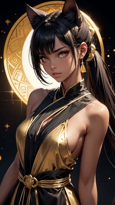 (high resolution, upper body, soft skin:1.2),(best illustration,masterpiece:1.2),ultra-detailed,[(cat ears , black inside:1.2, black ponytail hair, gold eyes, cat eyes, dark skin),vivid colors,sharp focus,studio lighting,bokeh, wearing a gold qupao, full b...