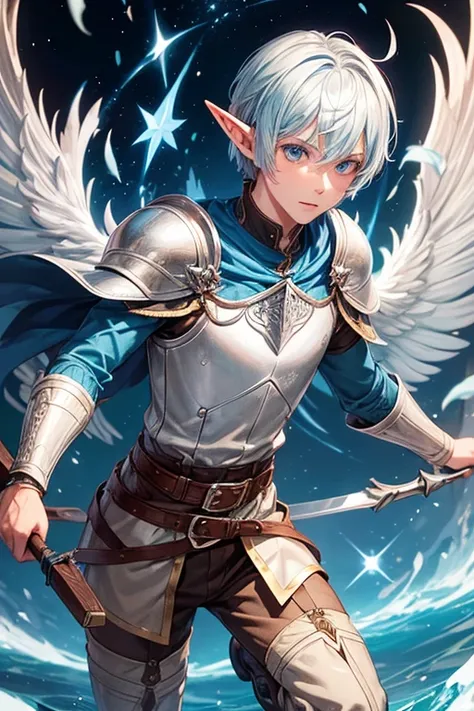 30 year old elf man with short silver hair with blue tips, short messy hairstyle with fringes, pointed elf ears, light blue medieval knight clothing, silver wing decorations, blue eyes holding a spear with wings emblem, brown boots, belt brown leather, win...