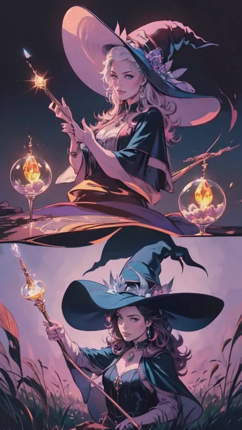 "Witchy Accessories": An illustration showcasing the iconic accessories of witches, including a pointed hat, broomstick, cauldron, and crystal ball, arranged in a visually appealing composition, Ultra realism, color field printing, high detail, UHD, 8k, an...