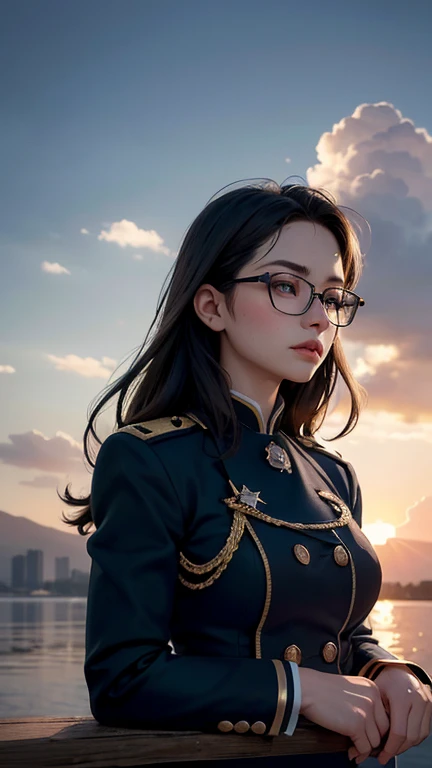 Ultra-high definition, best of quality image, showcasing an Ultra-detailed and intricately rendered female character in uniform. Her beautiful and well-groomed face is accentuated by the melancholic atmosphere of dusk, with glasses adding a touch of elegan...