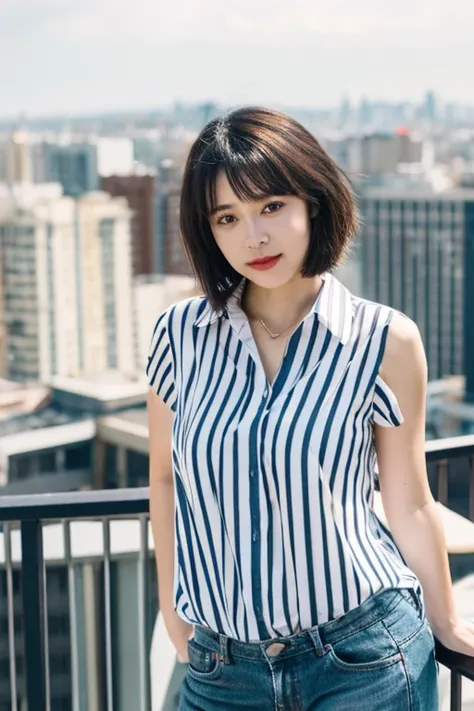 Cute Woman, Leaning on the railing of a rooftop overlooking the city. Short hair，The eyes are large, Slightly droopy eyes, Striped shirt outfit, Small breasts, 
face clos up