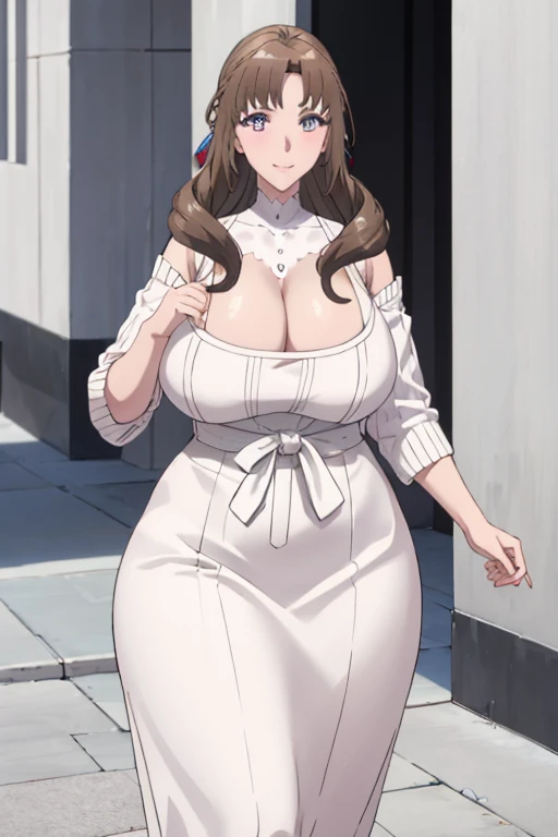 huge , plump, masterpiece, ((Cleavage))(best quality), 1 female,1 Girl ,your mother_Large skewers,   Brown hair,  Long hair,  (Hang down your hair), Purple Eyes,Mature female, White shirt, Long skirt, sweater, ribbon,Sexy woman,Smile,  ,Closed Clothes, Awk...