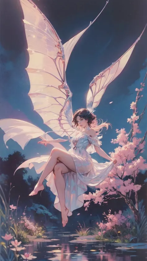 ((best quality)), ((masterpiece)), (detailed), ethereal beauty, perched on a pink blossom tree, (fantasy illustration:1.3), enchanting gaze, captivating pose, solo girl, delicate butterfly wings, otherworldly charm, mystical sky, (Luis Royo:1.2), (Yoshitak...