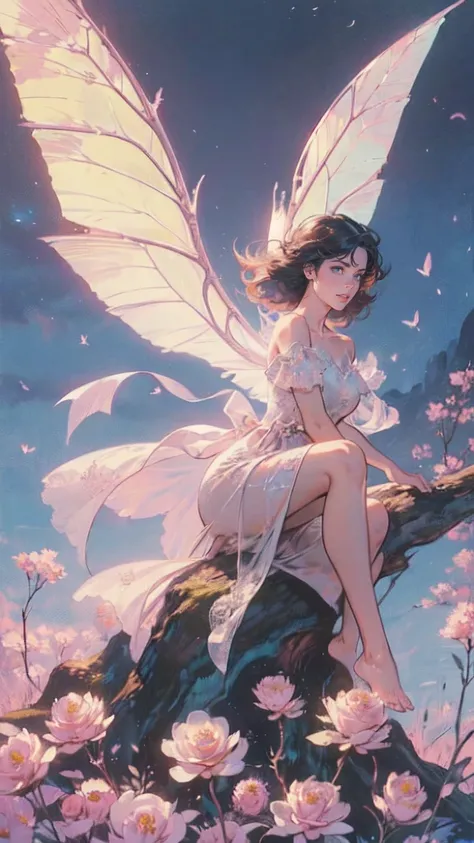 ((best quality)), ((masterpiece)), (detailed), ethereal beauty, perched on a pink blossom tree, (fantasy illustration:1.3), enchanting gaze, captivating pose, solo girl, delicate butterfly wings, otherworldly charm, mystical sky, (Luis Royo:1.2), (Yoshitak...