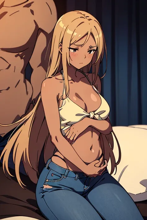 (detailed), perfect face, brown skin anime woman in a deep V-neck tied top, (bare shoulders), (jeans), (long hair), starving, (resting hands on the stomach), (hands on the stomach), (slim woman), (smooth and shiny skin), worried, light blush, sleeping, ((b...