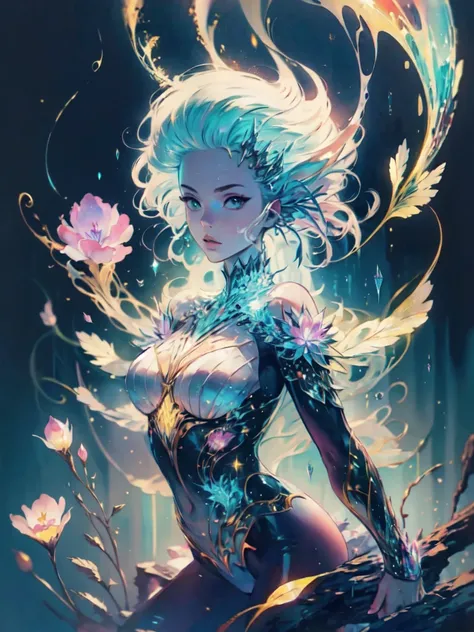 A captivating anime girl gracefully emerges from the pages of a watercolor painting, her vibrant and intricate colors breathing life into the artwork. She wears extraordinary fantasy costumes，Decorated with exquisite details, reflecting the enchanting worl...