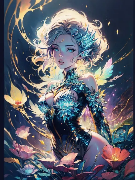 A captivating anime girl gracefully, her vibrant and intricate colors breathing life into the artwork. She wears extraordinary fantasy costumes，Decorated with exquisite details, reflecting the enchanting world she inhabits. Luminescent elements, like glowi...