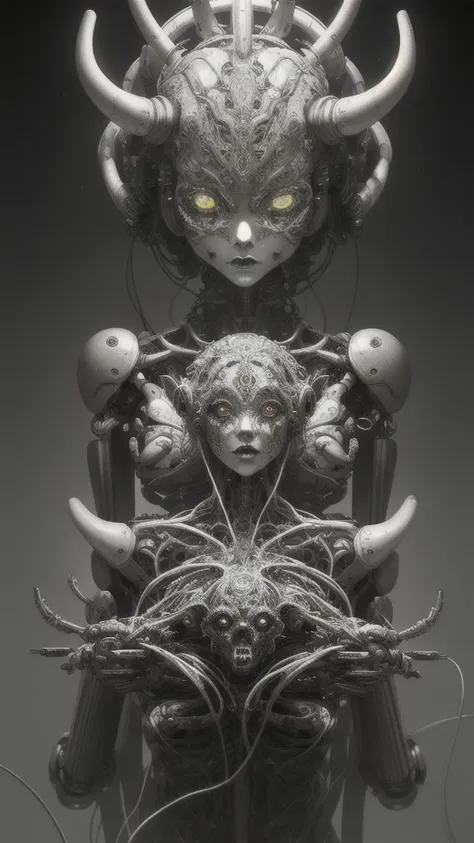 female robot pilot, mechanical creature, electronic wires relays computer nerves, girl face, dystopian surrealism, alex ries zdzisaw beksinski giger, very intricate details, demon chinese female, deep luminous eyes contain galaxies, head contains nebula, d...