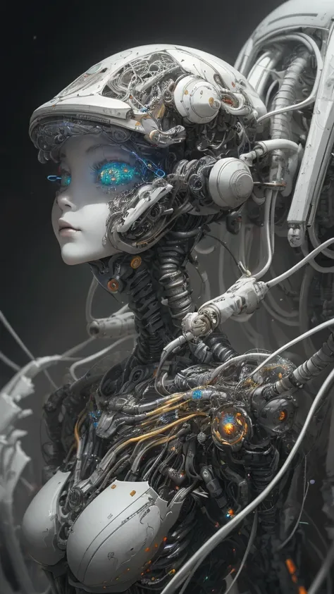 female robot pilot, mechanical creature, electronic wires relays computer nerves, girl face, dystopian surrealism, alex ries zdz...