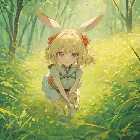 The white rabbit，Close-up of the rabbit，Foraging in the forest on winter，Soft grass，Surrounded by flowers，, Anime style, hyper HD, retinas, Masterpiece, Anatomically correct, Textured skin, High details, Super detail, High quality, Best quality, A high res...