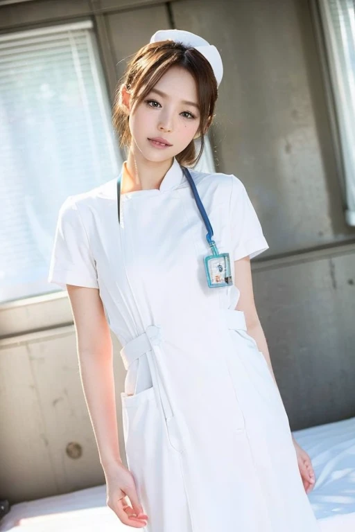 1 girl,(wearing white nurse clothes:1.2),(raw photos, highest quality), (realistic, photo-realistic:1.4), masterpiece, very deli...