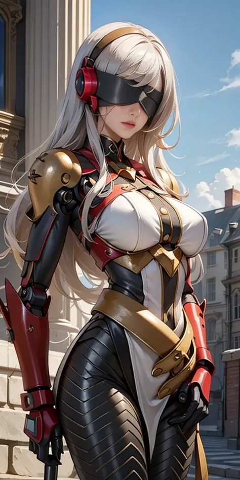 there is a woman in a robot suit posing next to an ancient building, beautiful white girl half cyborg, cute cyborg girl, beautif...