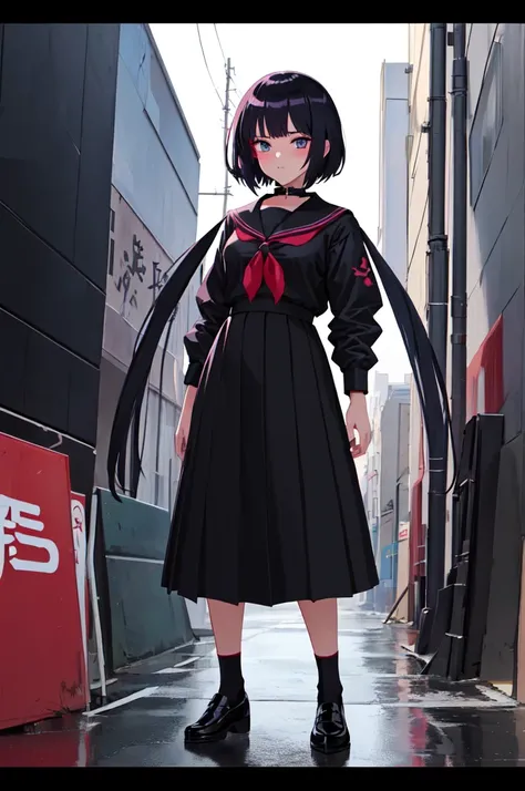 anime character Sukeban delinquent girl  standing on a city street corner in black seifuku with black very long skirt, anime style. 8k, anime style mixed with fujifilm, retro anime girl, anime styled digital art, in tokyo, anime style illustration, anime s...