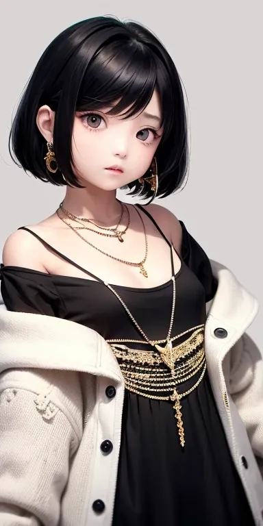 Top quality masterpiece illustrations、Black hair and black eyes、Wearing multiple necklaces、Wearing earrings and rings、Little girl in a white fancy dress looking up、Beautiful face with hair on the side short hair at the angle of the lower body is fair、Brigh...