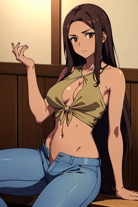 ((best quality)), ((masterpiece)), (detailed), perfect face, brown skin anime woman in a deep V-neck tied top, (bare shoulders), (jeans), (long hair), starving, (resting hands on the stomach), (hands on the stomach), (slim woman), (smooth and shiny skin), ...