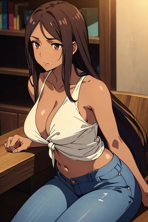 ((best quality)), ((masterpiece)), (detailed), perfect face, brown skin anime woman in a deep V-neck tied top, (bare shoulders), (jeans), (long hair), starving, (resting hands on the stomach), (hands on the stomach), (slim woman), (smooth and shiny skin), ...