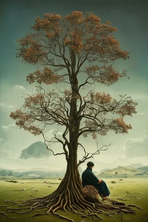 Shadow sitting lamenting, withered tree, (Intricate details:1.2), (realistic illustration), (surrealism: 1.4)
