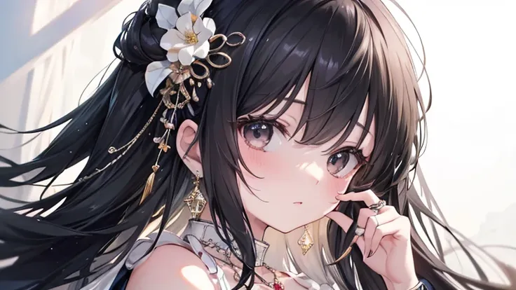 Top quality masterpiece illustrations、Black hair and black eyes、Wearing multiple necklaces、Wearing earrings and rings、Little girl in a white fancy dress looking up、Beautiful face with hair on the side long hair at the angle of the lower body is fair、Bright...