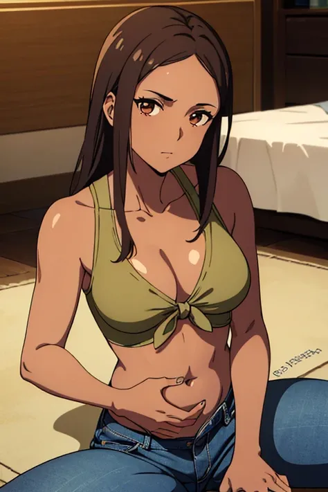 ((best quality)), ((masterpiece)), (detailed), perfect face, brown skin anime woman in a deep V-neck tied top, (bare shoulders), (jeans), stomach paining, (resting hands on the stomach), (hands on the stomach), (slim woman), (smooth and shiny shoulders), l...