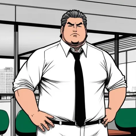 manga style art of In black and white 2d comic book drawing Only plump, chubby, extremely thick thighs, large belly, Japanese businessman, gordinho e atarracado, de 66 anos, ex-jogador de rugby, com cabelo curto e barba curta, in a suit and tie and competi...