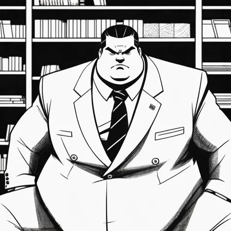 manga style art of In black and white 2d comic book drawing Only plump, chubby, extremely thick thighs, large belly, Japanese businessman, gordinho e atarracado, de 66 anos, ex-jogador de rugby, com cabelo curto e barba curta, in a suit and tie and competi...