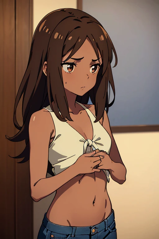 ((best quality)), ((masterpiece)), (detailed), perfect face, brown skin anime woman in a deep V-neck tied top, (bare shoulders), (jeans), starving, (resting hands on the stomach), (hands on the stomach), (slim woman), (smooth and shiny skin), looking away ...