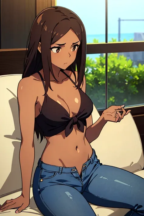 ((best quality)), ((masterpiece)), (detailed), perfect face, brown skin anime woman in a deep V-neck tied top, (bare shoulders), (jeans), starving, (resting hands on the stomach), (hands on the stomach), (slim woman), (smooth and shiny skin), looking away ...