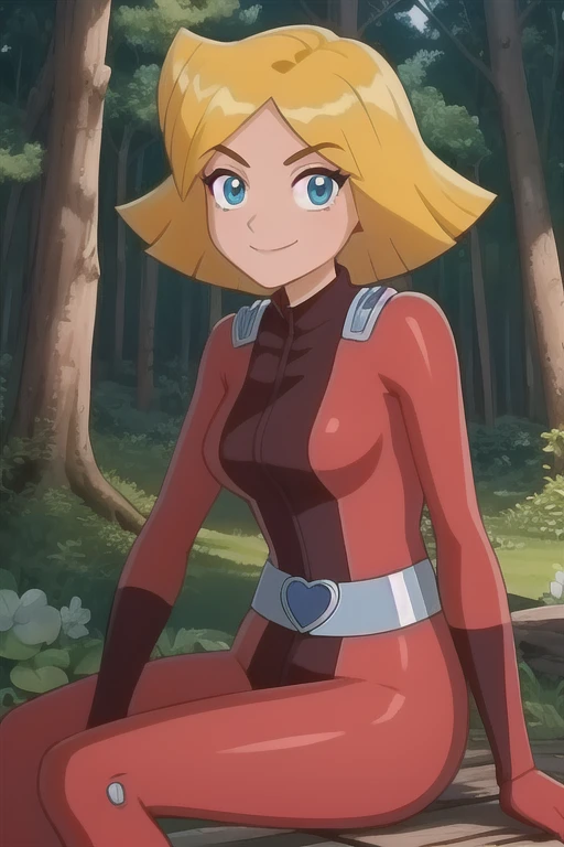 high colours,  clover (totally spies), 1girl, solo,  blonde hair, short hair, blue eyes,
red bodysuit, belt,
smile,closed mouth,cowboy shot,sitting,
forest,outdoor,
(insanely detailed, beautiful detailed face, masterpiece, best quality) cinematic lighting,