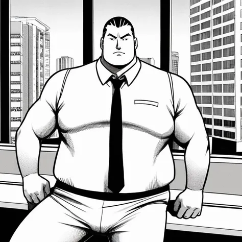 manga style art of In black and white 2d comic book drawing Only plump, chubby, extremely thick thighs, large belly, Japanese businessman, gordinho e atarracado, de 66 anos, ex-jogador de rugby, com cabelo curto e barba curta, in a suit and tie and competi...