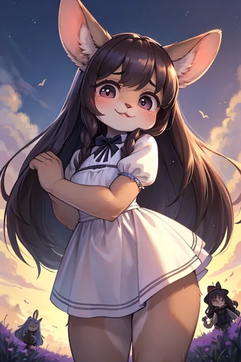 hairy rabbit mom , bare realistic hairy rabbit legs , round face , (tilt face:1.1) , (half-open eyes:1.2) , moist round eyes , Swollen cheeks , dark color hair , long hair , lively smile , glossy lips , light color gothic dress , world of Alice in Wonderla...