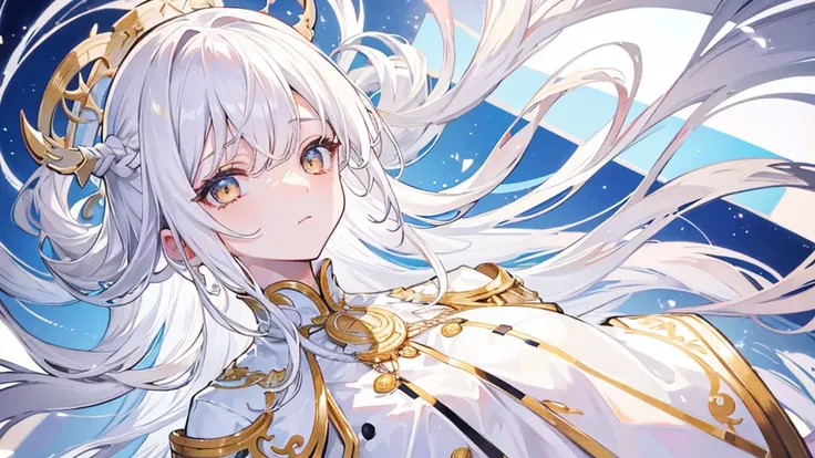 best quality, masterpiece,white hair, gold eyes,white clothes, looking up, upper body,hair strand,Fair skin,side braids