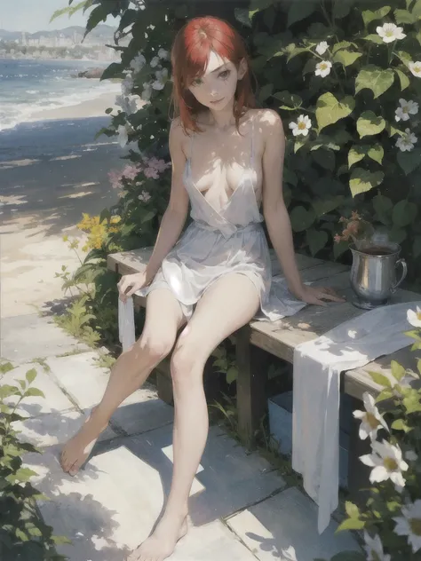 An exquisite slender tender girl of 16 years old with a perfect gentle face of the southern type with red hair with freckles in the rays of the rising sun, naked with tender breasts with pink nipples, barefoot on the veranda in the garden, drinking (coffee...