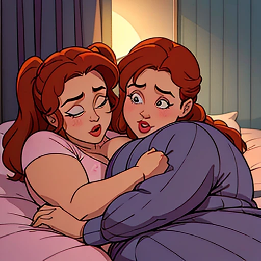 a comic page about a fully pajama wearing 24 year old extremely fat woman with ginger pigtails adjusting to her first night with her 40 year old busty mother with long gray hair as her second head on her immobile two headed body. She’s clearly uncomfortabl...