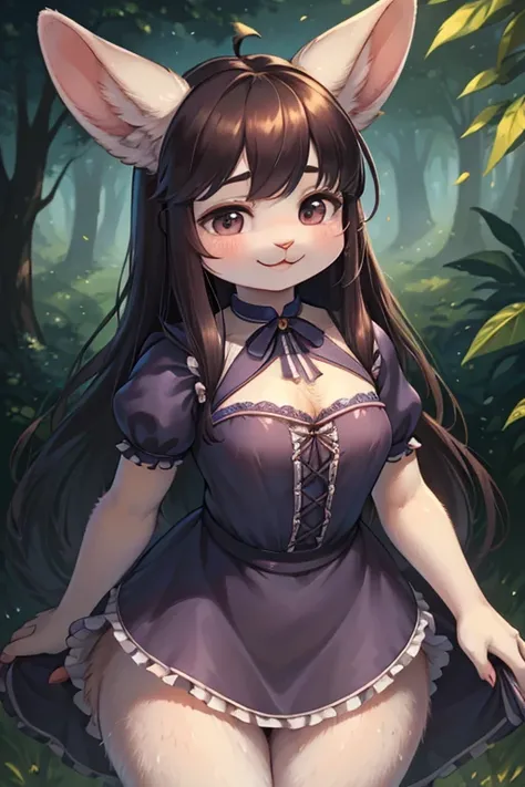 hairy rabbit mom , (bare realistic hairy rabbit legs:1.3) , round face , (tilt face:1.1) , (half-open eyes:1.2) , moist round eyes , Swollen cheeks , dark color hair , long hair , lively smile , glossy lips , light color gothic dress , world of Alice in Wo...