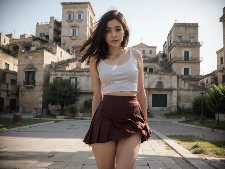 (yes sfw), [woman wears a long red skirt, skirt lift. white panties. bottom view. anamr, solo woman, full body], city of matera ...