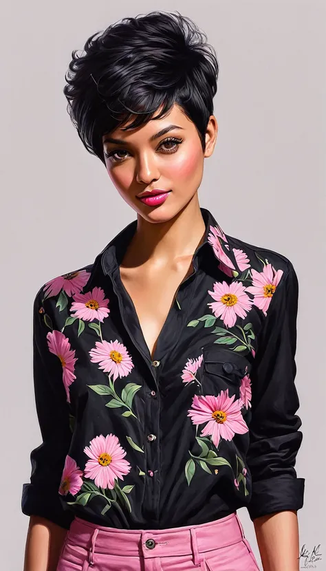 crea una mujer de pelo corto negro pixie,con camisa rosa, obra maestra, estilo ilustracion de Ali Erturk, alto detalle, hiperrealista, luz natural,ilustracion , colores llamativos fondo de flores
