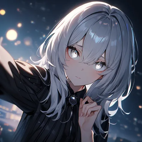 1 girl,White hair,White eyes,deep eyes,Introvert,very aesthetic, absurdres,looking at viewer,Whitesilver,shiny, midnight midnight,medium hair watch 