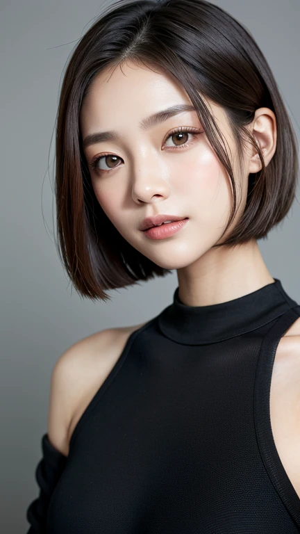 (((close-up of face)))、(((absolutely shoulder-length brown straight short bob)))、(((she is posing like a hair salon model, with ...