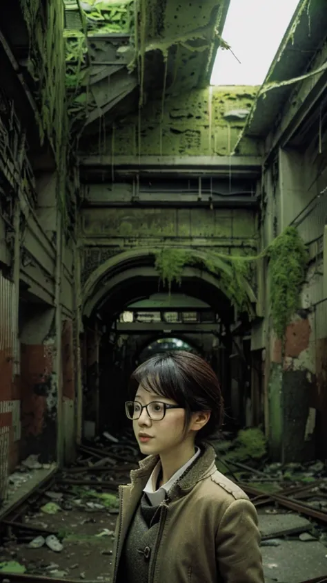 subway,moss,Showa,Collapse,Devastation,Inside the ruins,Glasses,Women,adventure,Black and White,