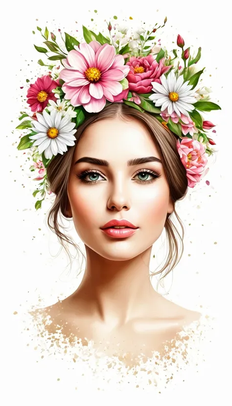 woman with flowers on her head, vetor, cores vivas realistas, fundo branco, imagem detalhada, vetor feito para estampa de camise...