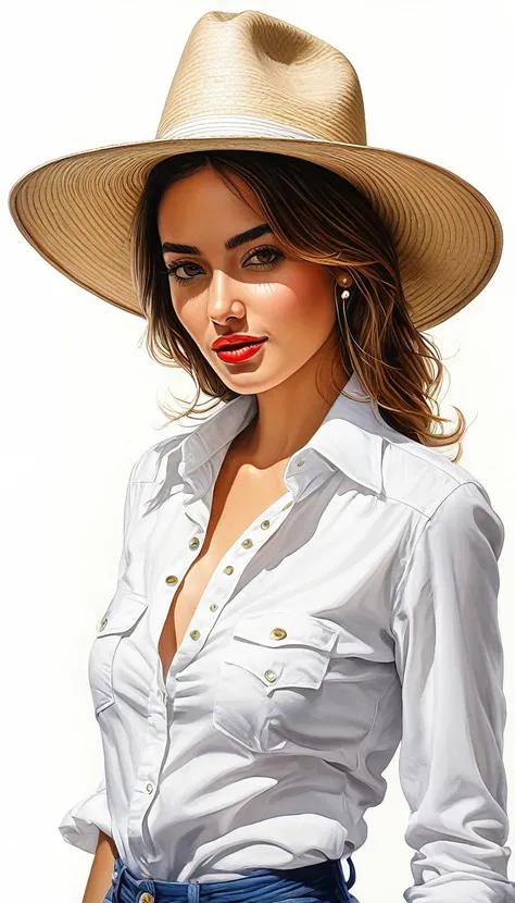 crea una mujer con sombrero moderno ,con camisa blanca, obra maestra, estilo ilustracion de Ali Erturk, alto detalle, hiperrealista, luz natural,ilustracion , colores llamativos 
